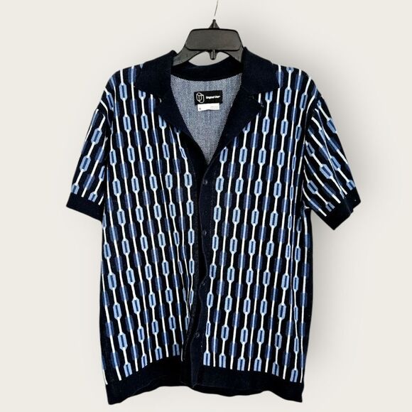 Original Use Geometric Patterned Blue Collared Short Sleeve Button Down Shirt S - Picture 2 of 6